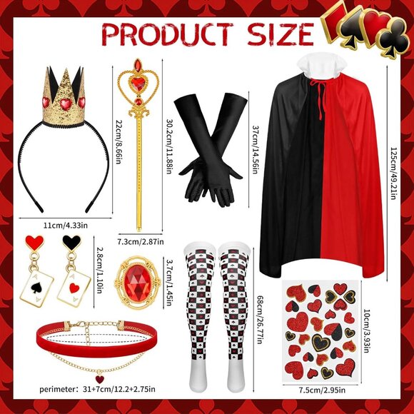 Queen of Hearts Costume Set for Women Red and Black Includes Cloak Crown - Picture 2 of 7